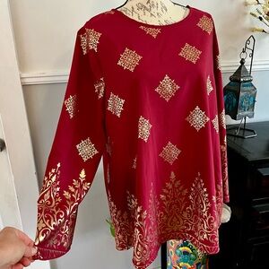 EUC Elegant Red & Gold Women's Top Plus Size 1XL Boutique Long sleeves